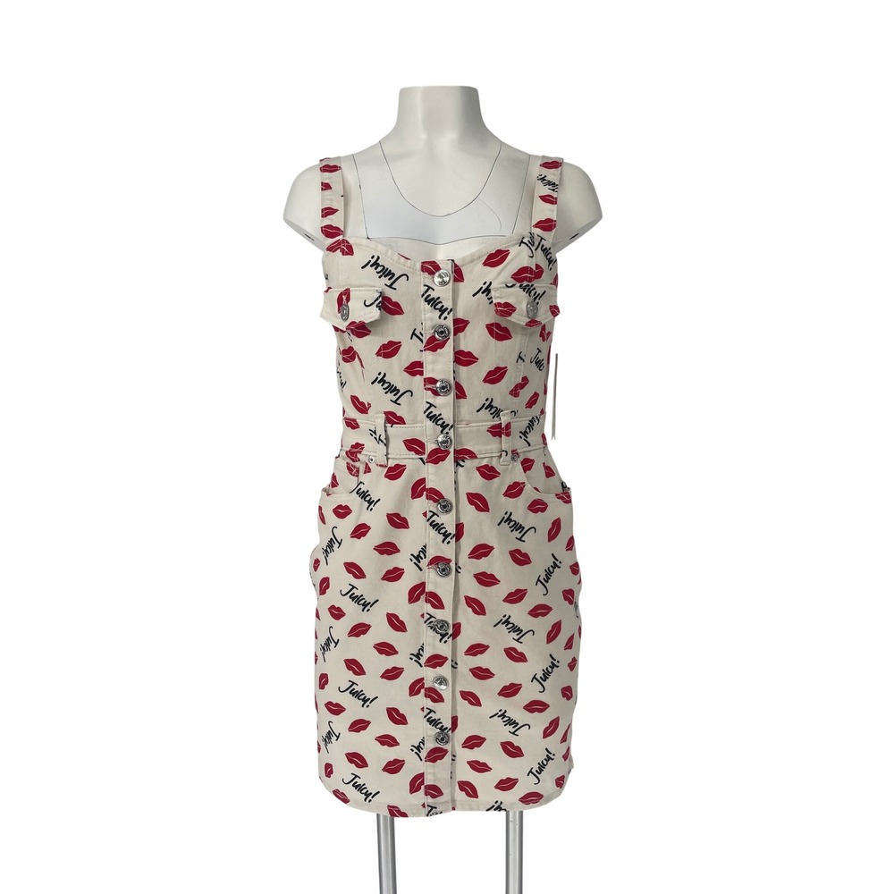 Juicy Couture Kiss Lips Print White Denim Overall Mini Dress Size S NWT